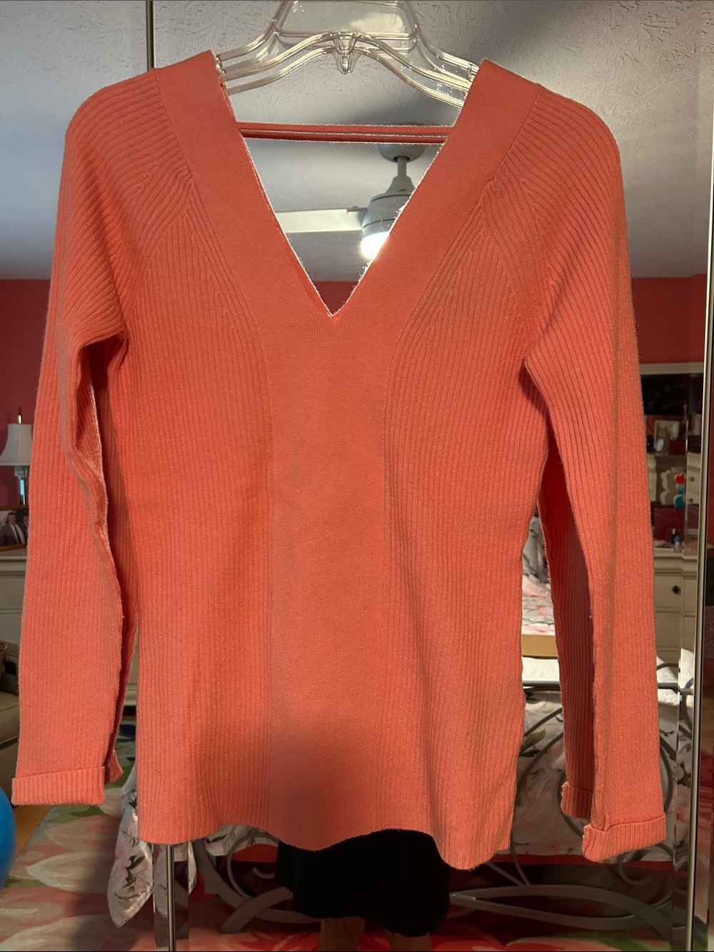 Women's V-Neck Ribbed Sweater - Coral
